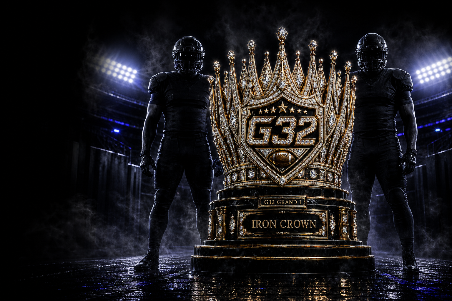 The G32 Iron Crown trophy guarded by two football players